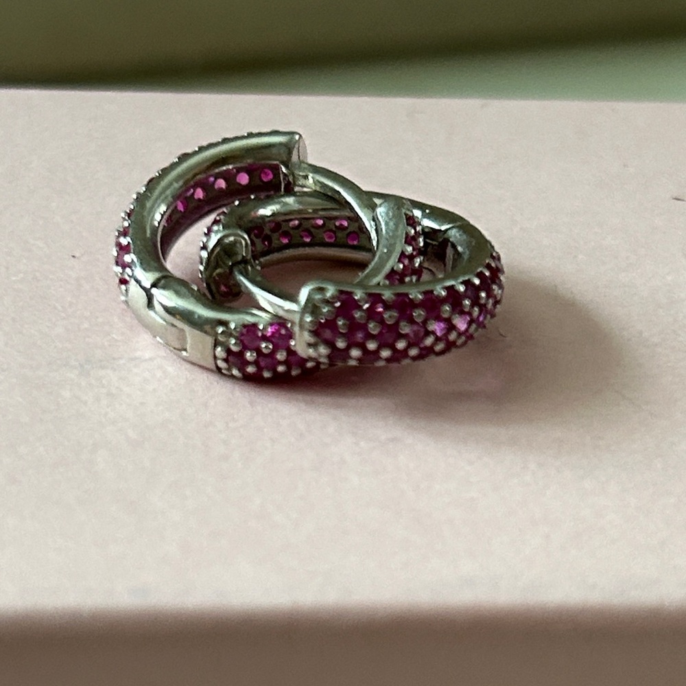 Elegant Silver and Pink huggie Hoop CZ‎ Earrings